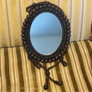 Vintage MCM 1960s Boho Wood Bead Hanging Wall Mirror